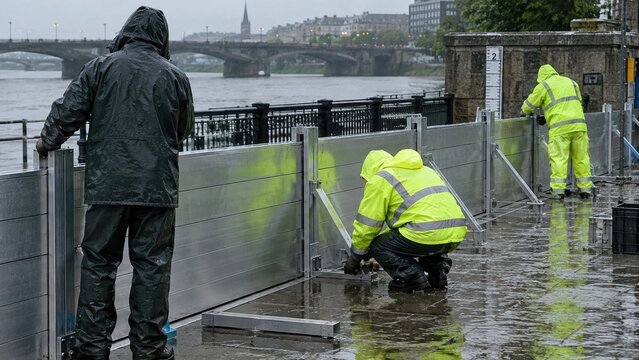 Workers assembling temporary flood barriers along a swollen river bank