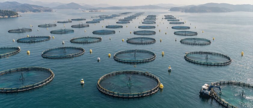 Aerial view of circular fish cages at offshore aquaculture farm