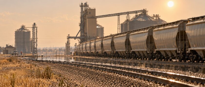 Freight train loaded with grain hopper cars parked near industrial