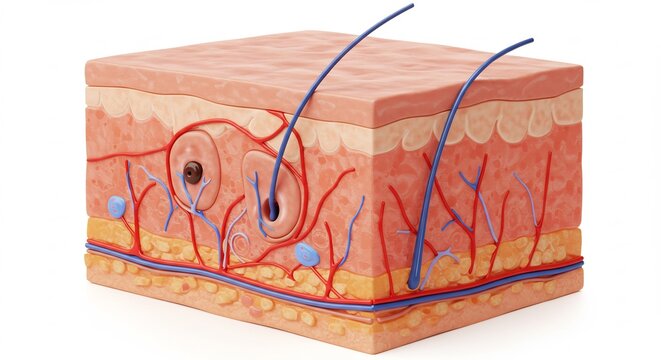 Human Skin Cross-Section: A detailed illustration showing the layers of human skin, including epidermis, dermis, hair follicles, blood vessels, and nerves, providing a clear view of skin anatomy.