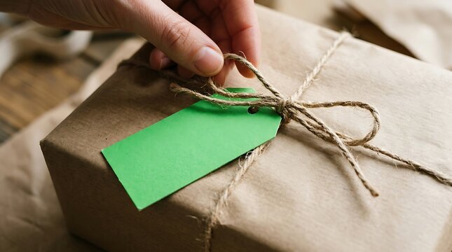 Hand Tying Green Gift Tag on Brown Paper Parcel