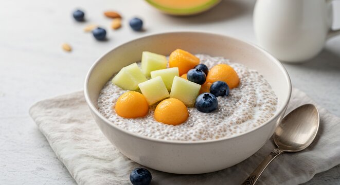 A Wholesome Start to the Day: A vibrant bowl of chia seed pudding, adorned with fresh blueberries, cantaloupe, and honeydew melon, promising a delicious and nutritious breakfast or healthy snack.