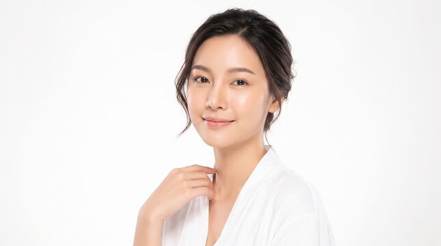 Portrait of a young woman with clean glowing skin wearing a white robe