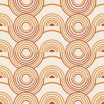 Seamless vintage geometric pattern with flowing concentric circles and arcs in warm orange and brown tones.