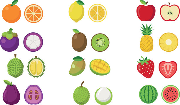 Tropical fruit vector icon set featuring whole and sliced orange lemon apple mangosteen kiwi pineapple strawberry and durian isolated on white,