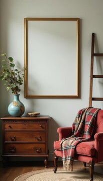 Retro living room interior, gold framed mock up, plaid throw, vintage commode, wooden ladder, grunge texture , mockup, throw, commode