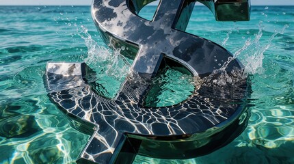Obraz premium Large metal dollar symbol sinks into clear turquoise ocean water. Splash of sea waves around silver currency sign. Concept of financial crisis, economic loss, market crash liquidity risk in global