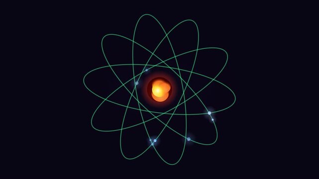 Scientific visualization of a glowing atomic nucleus surrounded by orbiting particles moving along intersecting orbital path