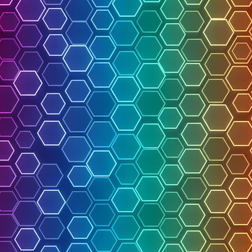 Vibrant glowing hexagonal grid pattern with a dynamic rainbow color gradient.