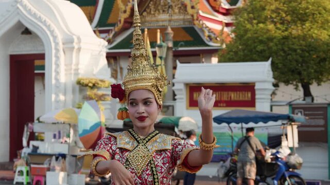 Thai Traditional Khon Dancer Performing in Bangkok Street