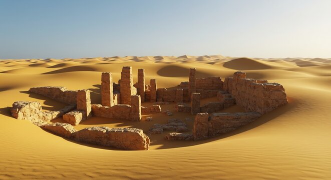 Ancient Ruins in the Desert: Crumbling stone structures, remnants of a lost civilization, emerge from the vast expanse of golden sand dunes under a clear blue sky, hinting at tales of the past.