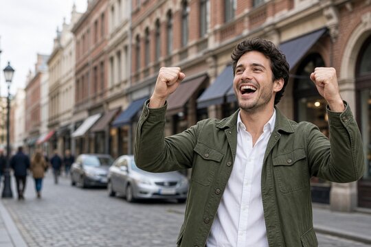 Excited Man Celebrating Success with Raised Fists Walking down a Vibrant City Street