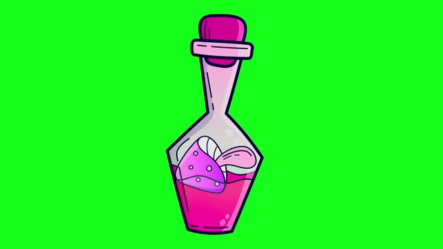 Cartoon animation of a magic potion bottle with a bouncing pink mushroom on green background