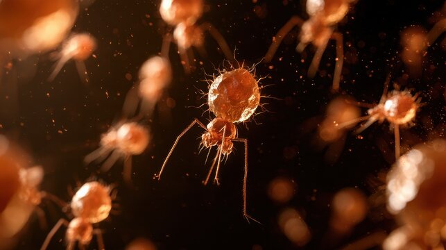 Scene depicts precise phage particles eliminating a specific harmful bacterial strain within the microbiome against a dark background.