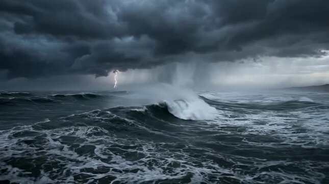 Stormy ocean waves crashing under dark clouds