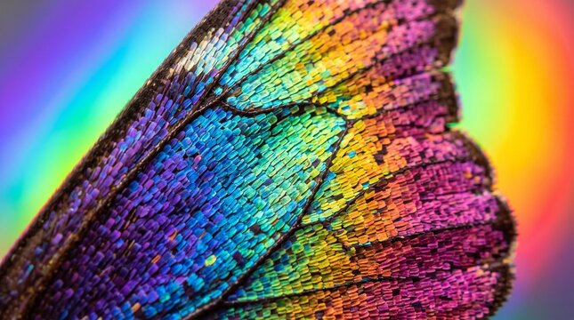 Extreme macro texture of iridescent rainbow butterfly wing scales with vibrant colors