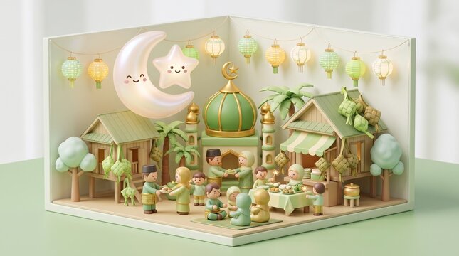 Modern 3D Hari Raya Aidilfitri Islamic Background with Moon and Ketupat