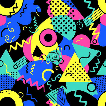 Vibrant retro geometric pattern design with abstract shapes and bright colors.