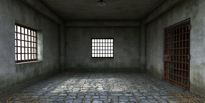 Prison cell interior empty stone room barred window metal gate concrete wall rough floor dim light abandoned space confinement solitary