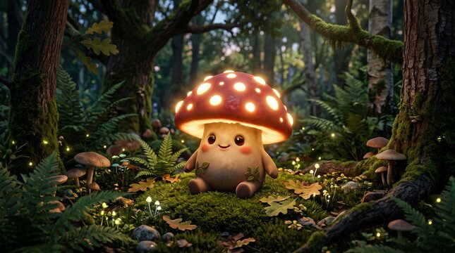 Cute glowing mushroom character sitting in an enchanted fantasy forest