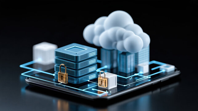 Hybrid cloud architecture for global enterprise with secure server, cloud computing, data center, network connection, digital platform, business technology