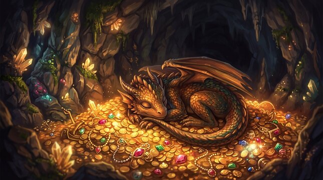 Cute baby dragon sleeping peacefully on a hoard of gold coins and jewels in a fantasy cave