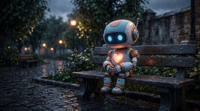 Cute lonely robot with glowing heart sitting on a park bench in the rain at night