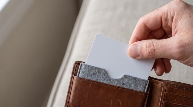 Person removes credit card from wallet, close-up on fingers and wallet