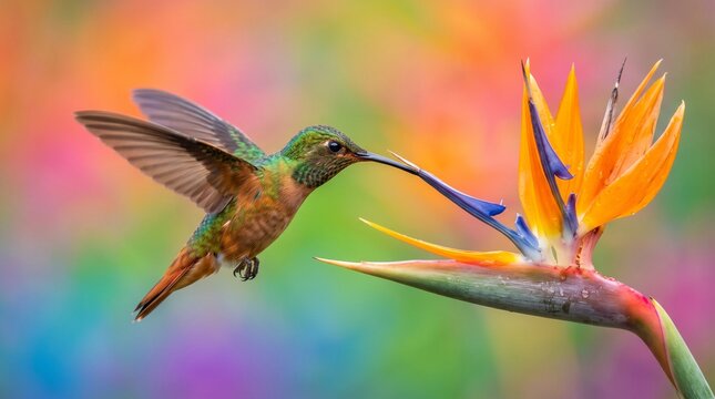 Hummingbird hovering near tropical bird of paradise flower with colorful background