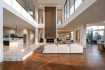 Fototapeta premium Stunning openconcept luxury home interior with doubleheight ceilings, wooden slat fireplace, marble flooring, and modern kitchen area