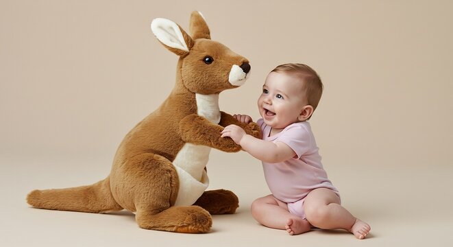Playtime Pals: A smiling baby in a pink onesie gleefully interacts with a stuffed kangaroo toy, sharing a moment of innocent joy and discovery.