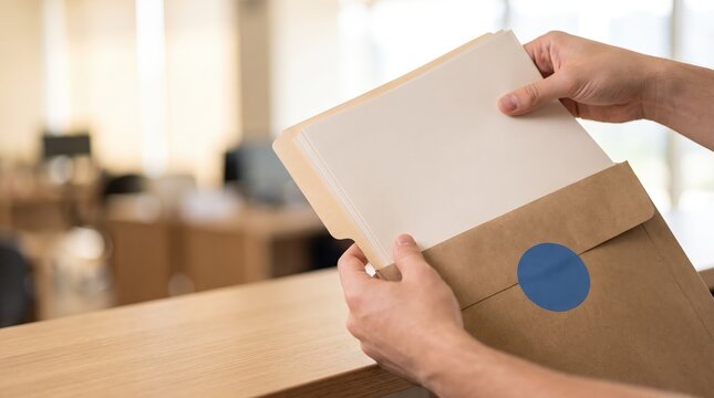 Close-up on hands placing document inside sealed envelope