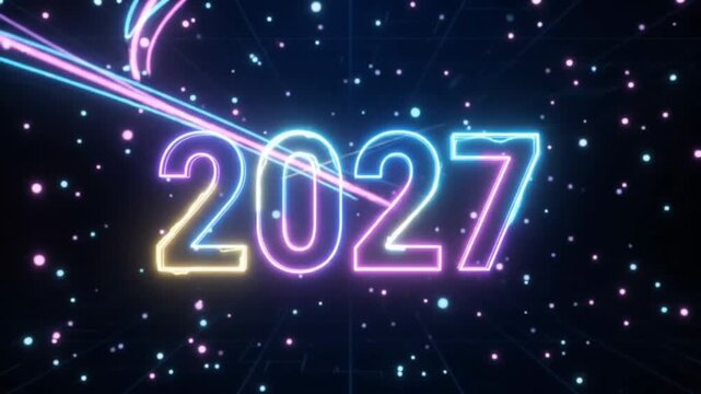Modern New Year 2027 neon digital countdown featuring glowing numbers transforming from three to one into 2027, surrounded by dynamic light trails and particles on a sophisticated dark futuristic back