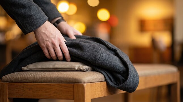 Close-up of hand folding coat on wooden bench