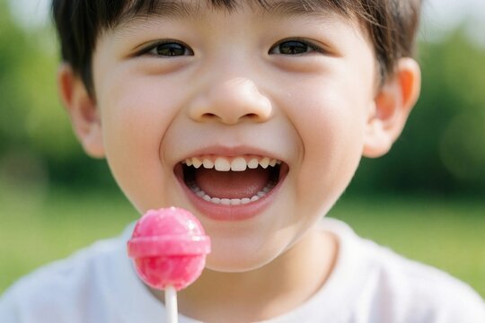 Happy Asian boy eats pink lollipop outdoors. Cheerful child shows toothless smile with missing milk teeth. Cute kid enjoys sweet candy treat in sunny park. Close up portrait of little boy fun with