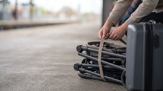 Person prepares stroller beside luggage on sidewalk