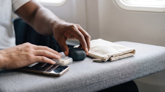 Traveler uses calculator and mouse during flight