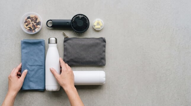 Flat lay of personal care items on concrete background with hands holding bottle