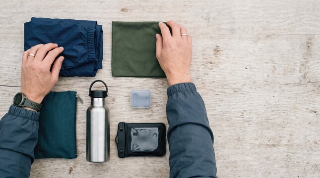Hands organizing hiking essentials like water bottle