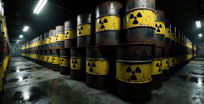Rows of rusty metal barrels marked with radiation symbols are stored in dark, damp warehouse. These containers hold hazardous radioactive waste, posing significant environmental risk, safety concern.