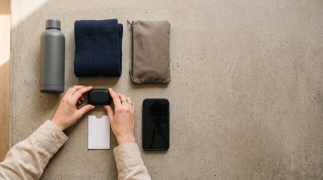 Hands preparing travel essentials on a concrete floor