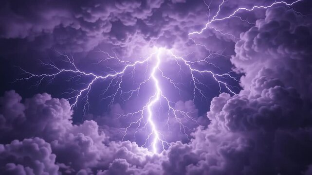 Powerful Purple Lightning Bolts Striking Through Dark Dramatic Storm Clouds at Night
