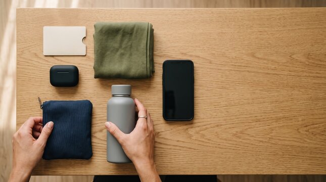 Hands grasp grey reusable bottle and blue cloth