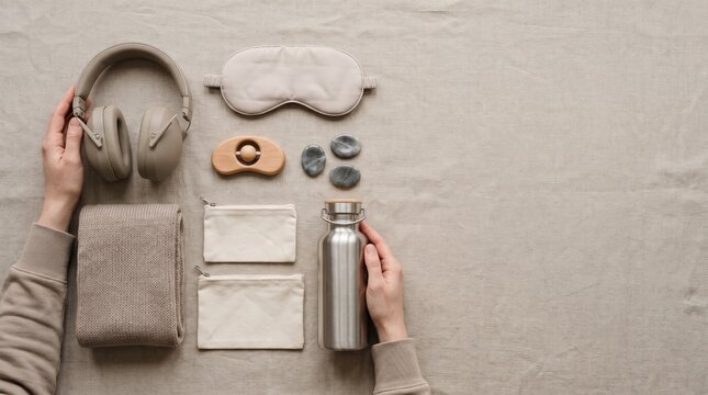 Flat lay composition featuring sleep aids and personal comfort items