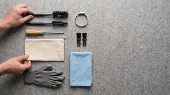 Top-down photo of hands holding various cleaning tools