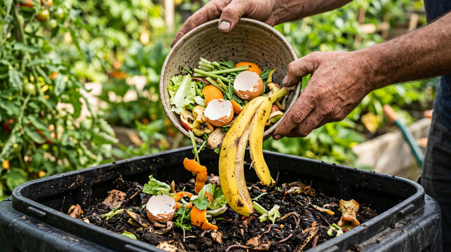 Person pouring organic food scraps into a home composting bin in the garden.