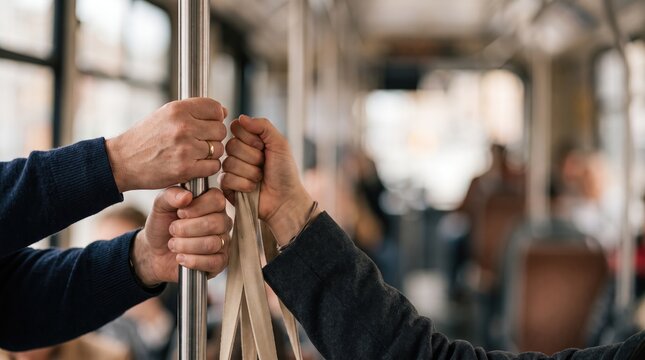Two people hold tram pole