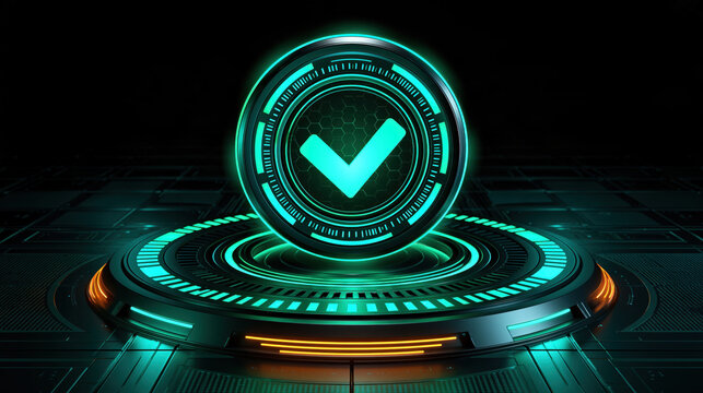 Glowing digital button on dark futuristic platform with neon cyan check mark and circular interface, sci fi technology concept