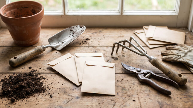 Set of gardening tools, brown seed packets, and soil on a rustic wooden table near a window for spring planting preparation.