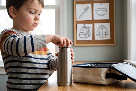 Child Filling Water Bottle Before School Independently